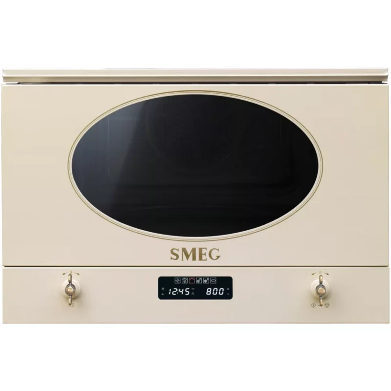 Choisir ce produit pour quel usage ? Installation : encastrable Idéal pour : réchauffer et décongeler Volume : 22 L Adapté pour : plat lasagnes Cuisiner avec la fonction four Maintien au chaud : Non Fonctions du micro ondes Grill : Oui Puissance du grill : 1.250 W Décongélation : manuelle et automatique, permet d’adapter automatiquement la durée en indiquant le type et le poids des aliments Puissance du micro ondes : 850 W Le saviez vous ? : Il faut différentes puissances selon le plat Nettoyage / entretien Matière de la cavité : inox, est une matière résistante avec une longue durée de vie Nettoyage : manuel, peut être simplifié avec un bol d’eau et un jus de citron chauffé au micro ondes pour ramollir les résidus Equipement et confort d’utilisation Aménagement intérieur : sans plateau, permet de réchauffer tous types de plats de façon homogène grâce au revêtement de la cuve Diamètre du plateau : sans plateau Type de commande : boutons Affichage de l’heure : Oui Sécurité enfant : Oui Rappel sonore de fin de cuisson : Oui Le saviez vous ? : Certaines matières ne sont pas conseillées au micro-ondes : matières métalliques, plastique non compatible, la terre cuite ou encore le cristal Connecté : Non Finition et design Type d’ouverture : latérale avec bouton Couleur : Crème Couleur d’affichage : Blanc Eclairage intérieur : Oui Dimensions L x H x P : 59.5 x 39 x 33.4 cm Dimensions d’encastrement l x h x p : 56.8 x 36.5 x 32 cm Poids net : 22,0 kg Hauteur niche d’encastrement : Micro ondes hauteur 38 cm Le saviez vous ? : Prenez soin de laisser un espace minimum de 10cm à l’arrière de l’appareil et de 20cm au dessus pour éviter la surchauffe Informations complémentaires Fabriqué en : Portugal Disponibilité des pièces détachées (données fournisseur) : Pendant 10 ans, à compter de la date d’achat Le saviez vous ? : Selon la norme NFC 15-100, le micro ondes doit être branché sur une prise indépendante de 20A Micro-ondes encastrable SMEG MP822PO : l’alliance de l’élégance et de la performance Design et intégration parfaite Le micro-ondes SMEG MP822PO, avec son volume net de 22 litres, est conçu pour s’intégrer harmonieusement dans les meubles hauts de votre cuisine grâce à son esthétique encastrable. Doté d’une alimentation électrique et de commandes électroniques intuitives, ce modèle arbore des manettes de commande de style colonial en couleur crème, offrant une touche d’élégance et de raffinement. La présence de deux manettes et d’un afficheur LED contribue à une expérience utilisateur à la fois moderne et conviviale, tout en facilitant l’accès aux 6 fonctions programmables, dont le gril fort et la fonction pizza spécialement conçue pour une cuisson optimale. Technologie avancée et fonctionnalités pratiques Le SMEG MP822PO est équipé de la technologie de pointe nécessaire pour une cuisson précise et rapide. Avec une puissance de 850 W en micro-ondes et de 1250 W pour le gril, il assure une cuisson uniforme grâce à sa base en céramique sans plateau tournant. Les options de décongélation selon le temps ou le poids, le mode Expo, et la sécurité enfant avec verrouillage des commandes sont des atouts majeurs pour une utilisation quotidienne en toute sérénité.